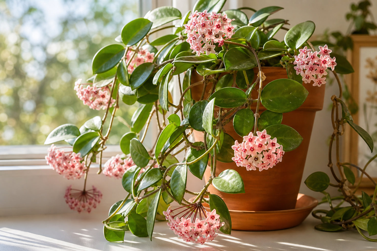 Hoya wax plant with cascading vines and pink star-shaped flower clusters in terracotta pot on sunny windowsill