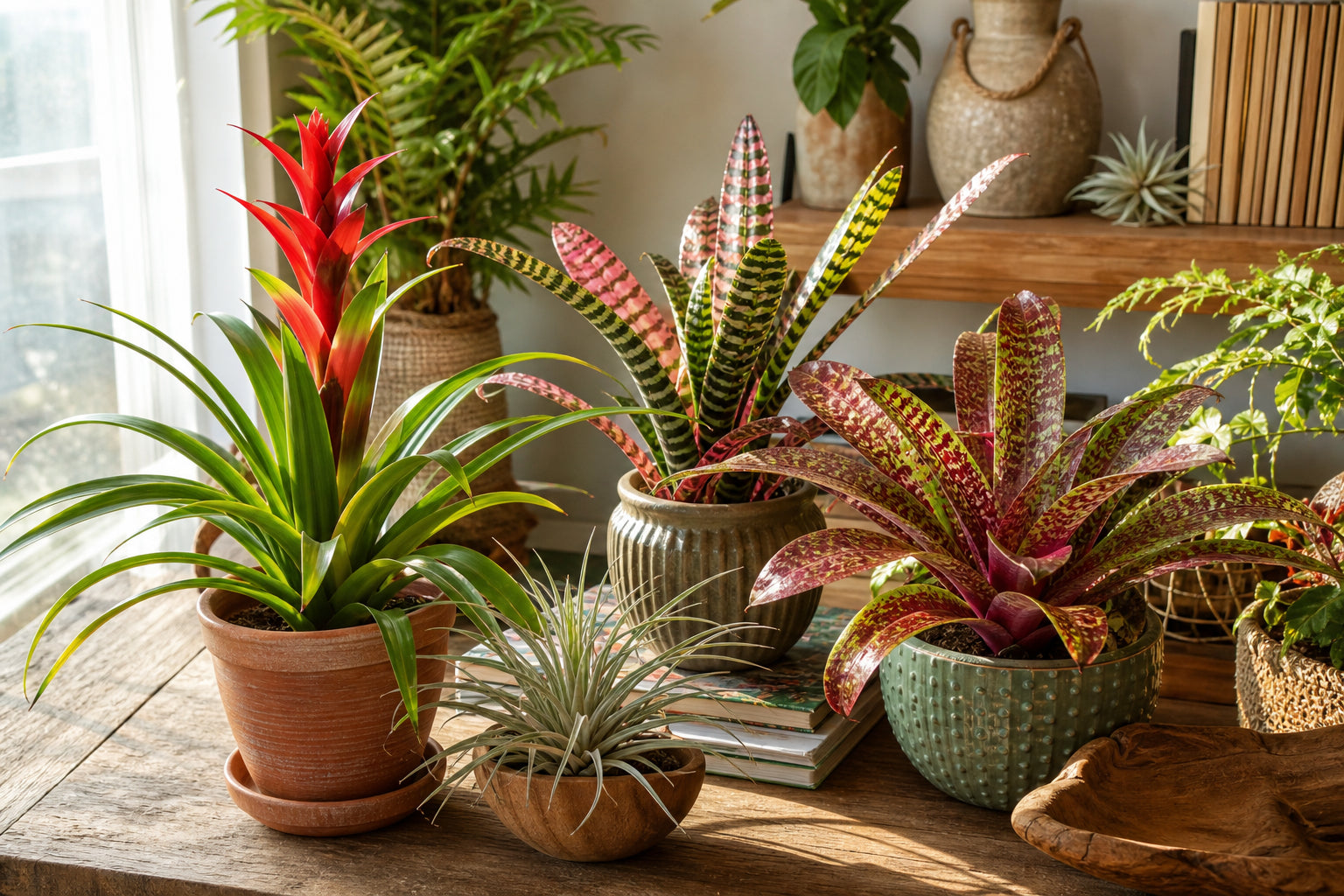 Collection of colorful bromeliads indoors including Guzmania with red flower spike, Tillandsia air plants, and Neoregelia with vibrant foliage