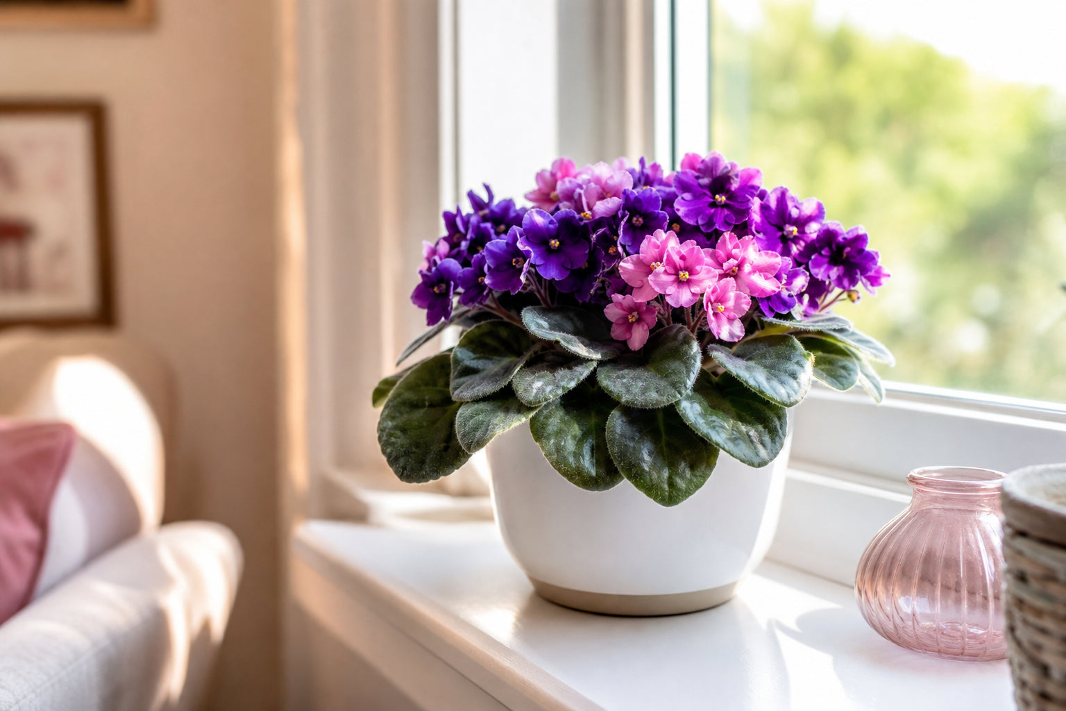 African violet plant in full bloom with purple flowers on a bright windowsill - complete care guide