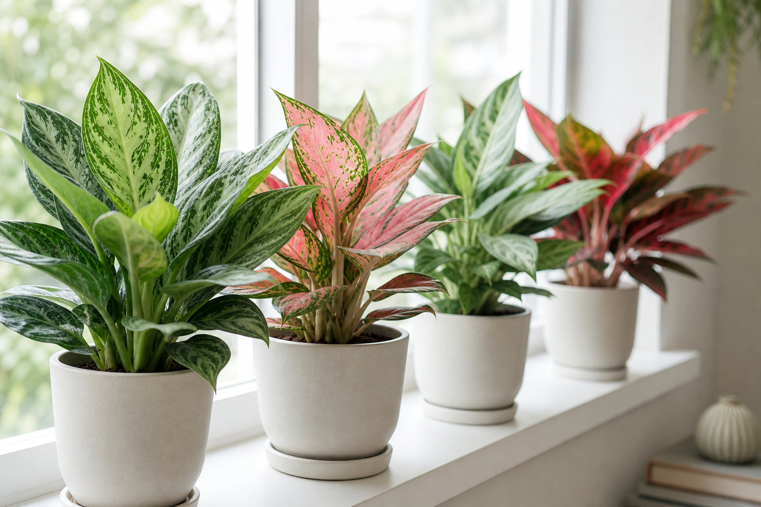Row of Chinese Evergreen (Aglaonema) plants on a windowsill showing varied leaf colors from deep green and silver to pink and red variegation