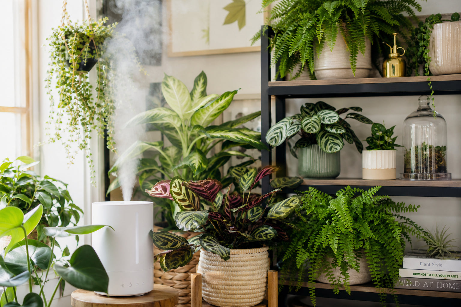 Lush tropical houseplants including calathea and ferns in a bright home with a humidifier running nearby to maintain ideal indoor humidity levels