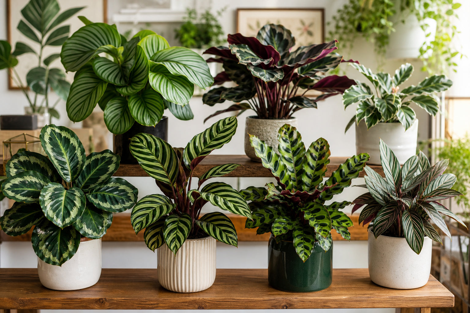 Collection of Calathea varieties including Medallion, Orbifolia, Rattlesnake, and Zebrina on wooden shelves in bright botanical interior