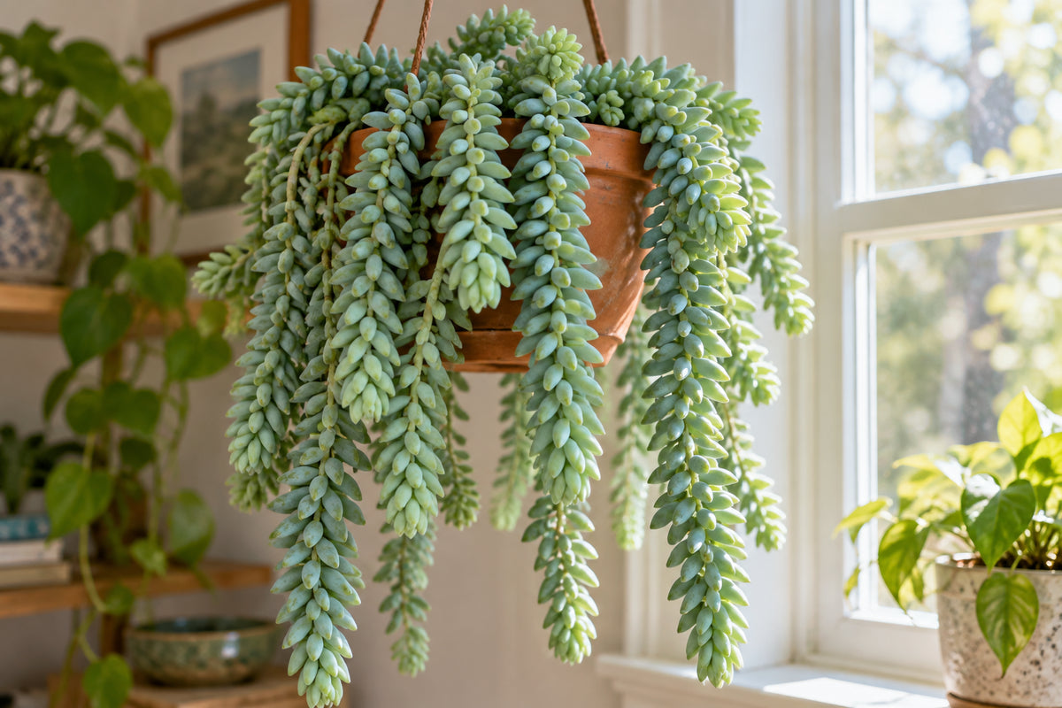 Burro's tail sedum trailing from a terracotta hanging pot beside a bright window