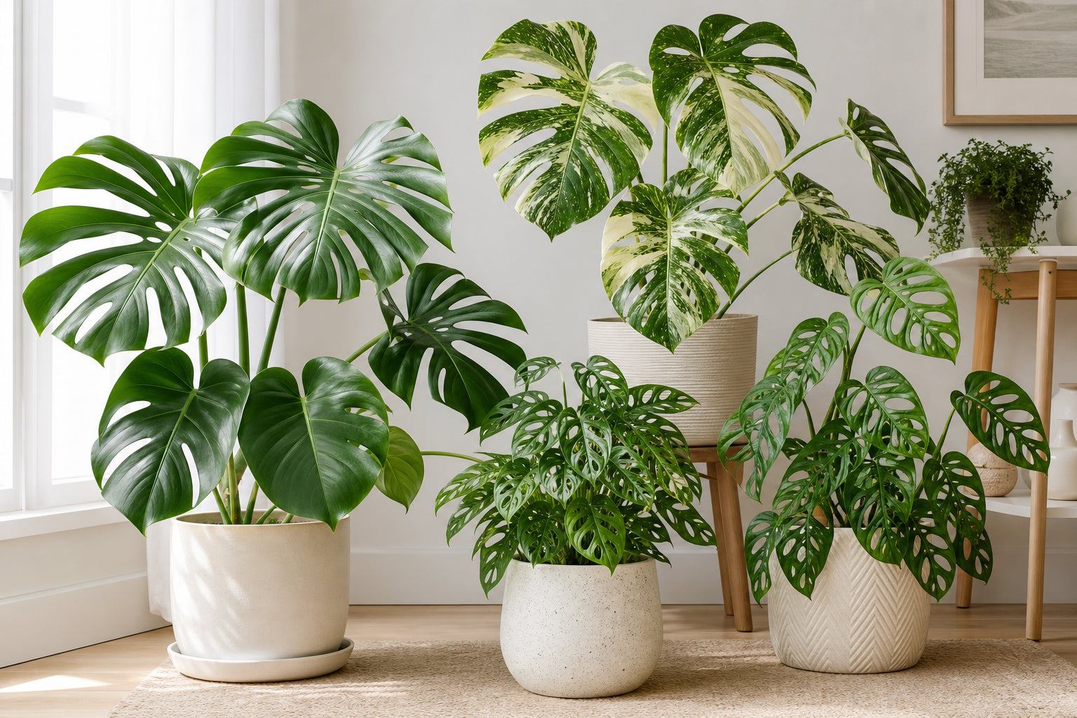 Collection of Monstera plant varieties including Monstera deliciosa, adansonii, and variegated Thai Constellation displayed in a bright home interior