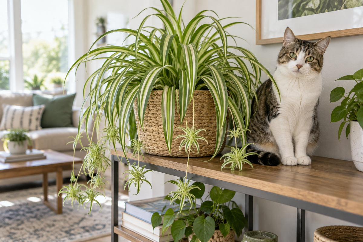 Variegated spider plant in a woven basket on a shelf with a cat sitting calmly nearby