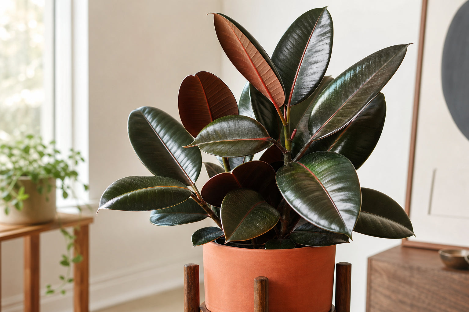 Glossy rubber plant (Ficus elastica) with large dark leaves in a modern pot — complete rubber plant care guide