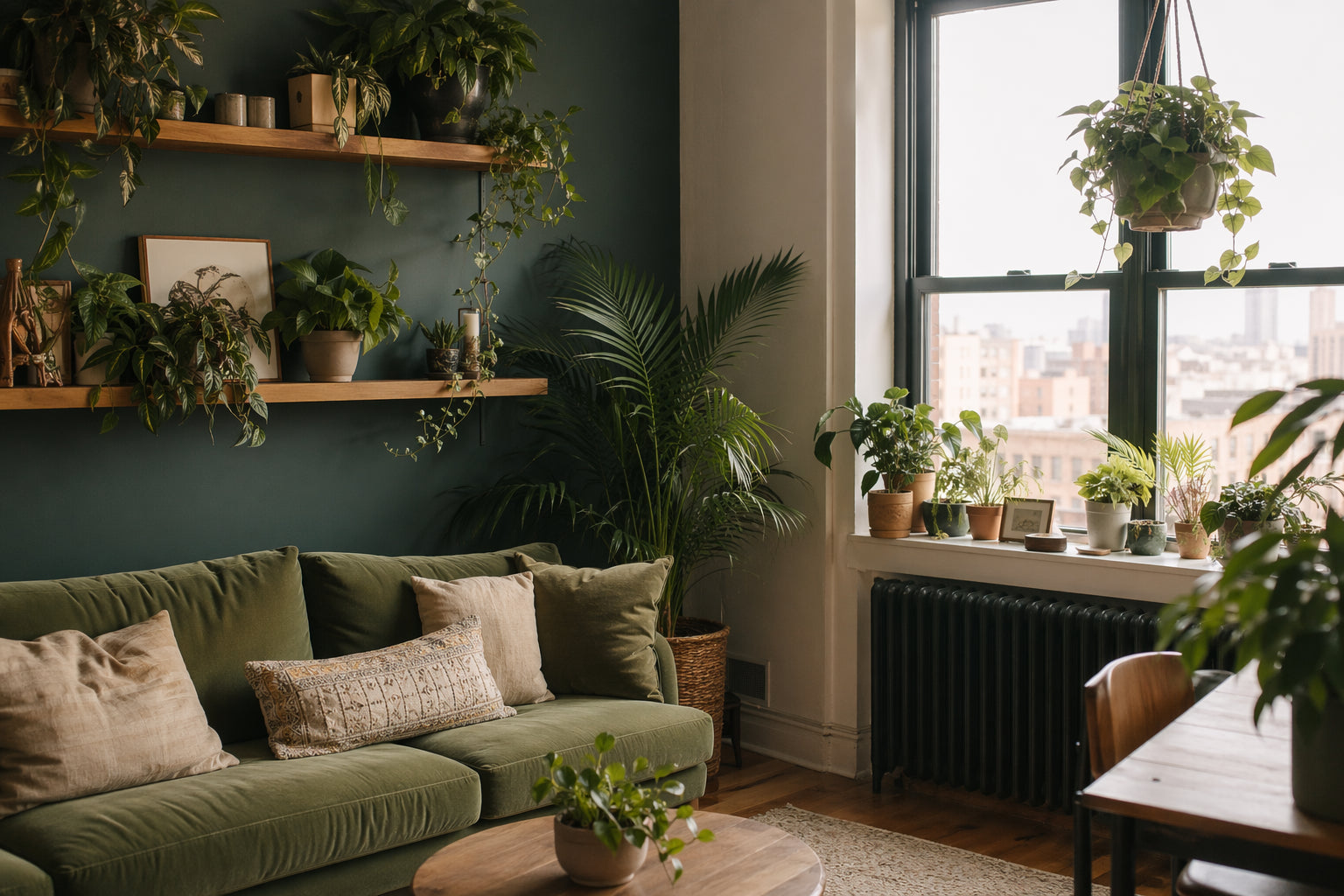Small cozy apartment with houseplants on floating shelves, windowsill, and hanging planters maximizing green in a compact space