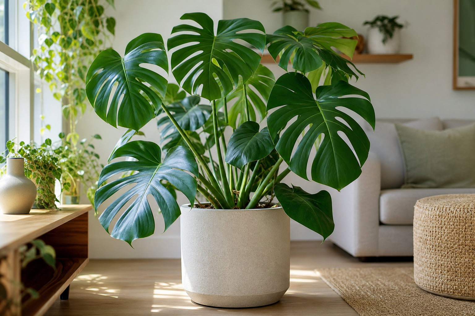 Mature Monstera deliciosa with large fenestrated leaves in a bright living room — complete Swiss cheese plant care guide