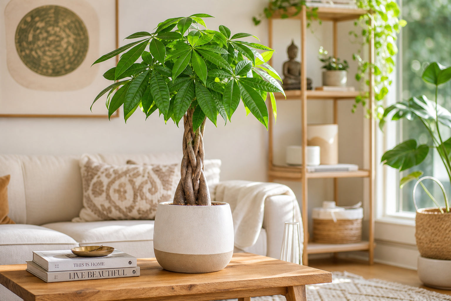 Pachira aquatica money tree with braided trunk and palmate leaves in modern ceramic pot in a bright living room