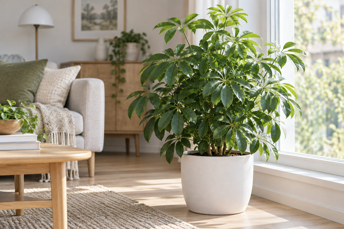 Bushy dwarf umbrella plant with glossy green palmate leaflets in a white ceramic pot beside a bright window in a modern living room