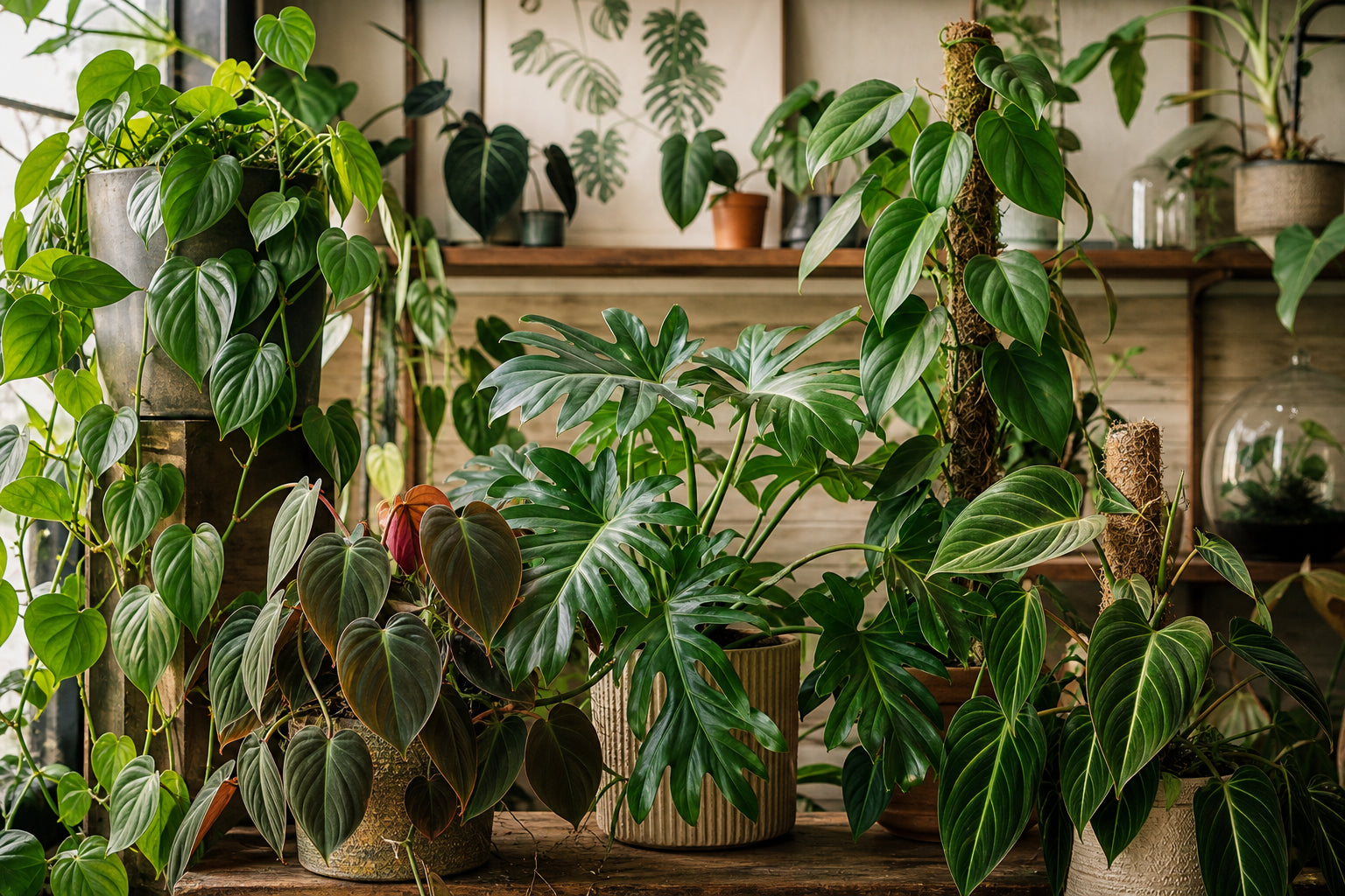 Diverse Philodendron varieties including Heart-Leaf trailing vine, velvet Micans, Xanadu self-heading plant, and climbing varieties on moss poles in warm botanical interior