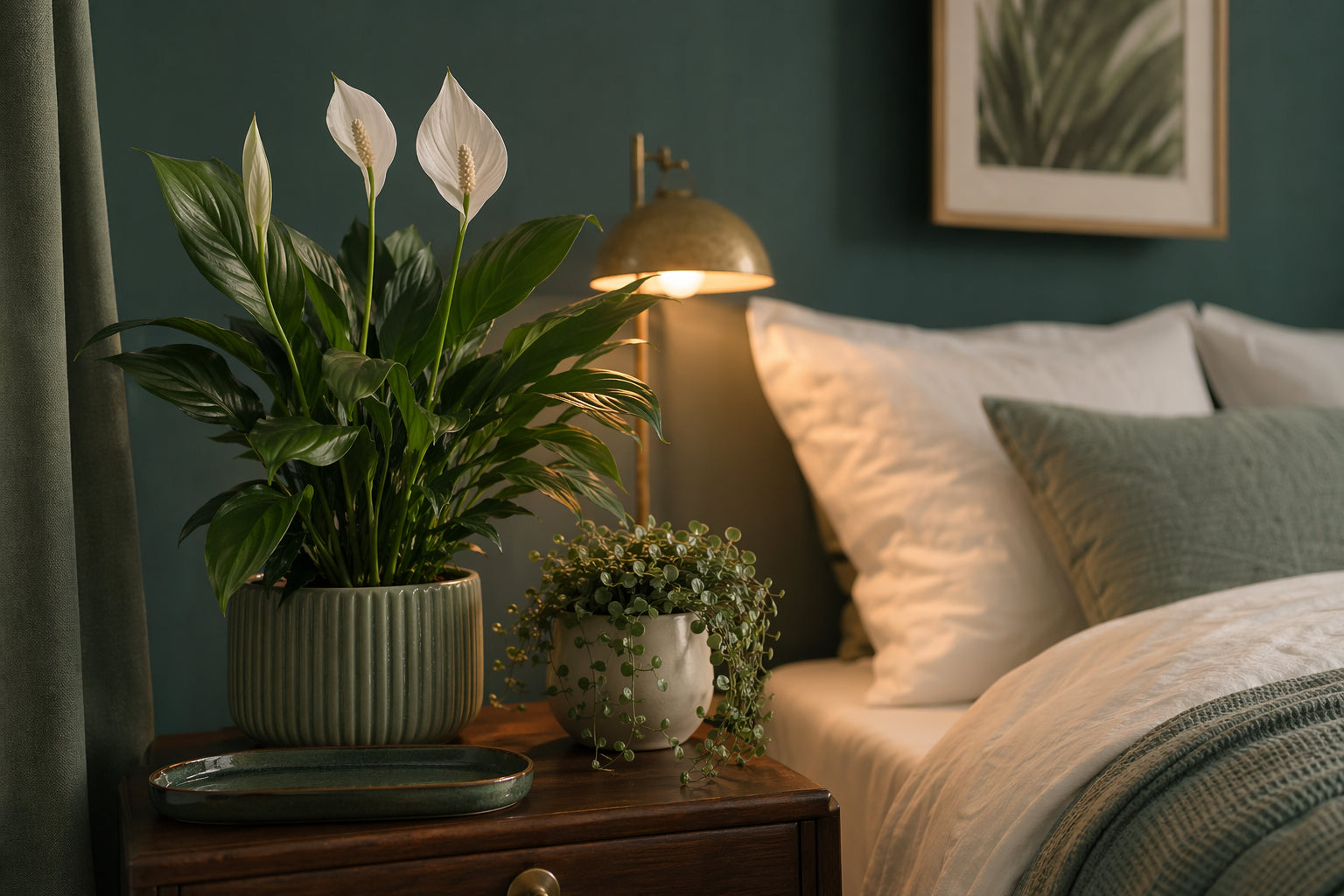 Serene bedroom nightstand with a peace lily and trailing plant, warm bedside lamp creating a calming sleep environment