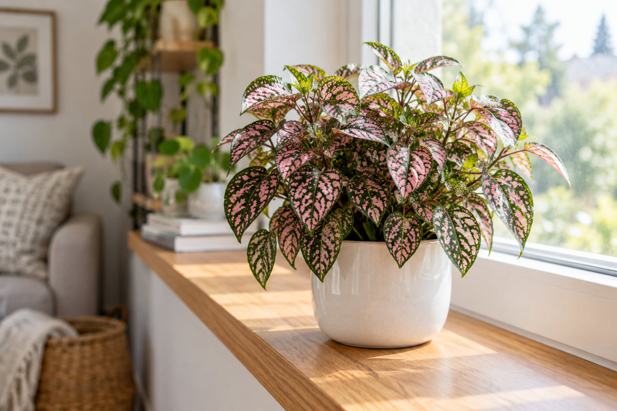 Bushy pink and green polka dot plant in a small white ceramic pot on a bright wooden windowsill