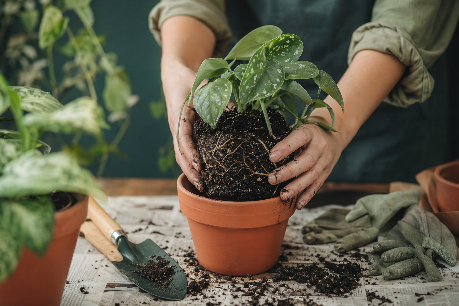 Hands repotting a houseplant with fresh soil, terracotta pots, and gardening tools on a work surface in warm natural light