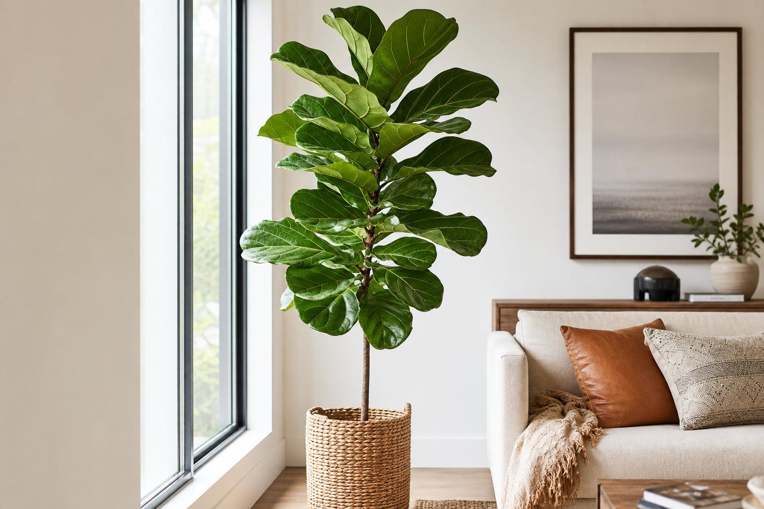 Tall healthy fiddle leaf fig with large violin-shaped leaves in a woven basket beside a bright window