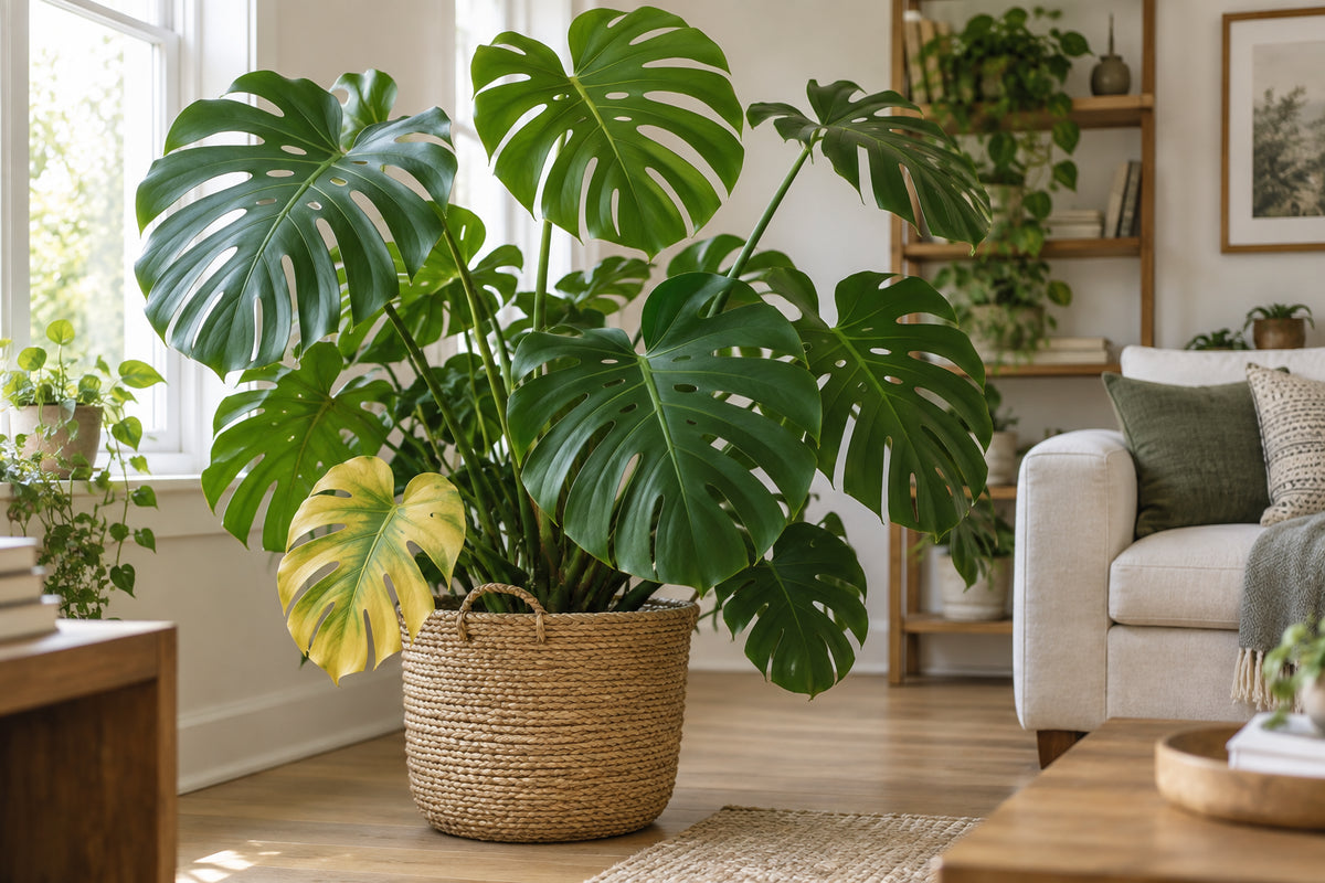 Monstera deliciosa in a pot with one lower leaf turning yellow while upper split leaves stay deep green