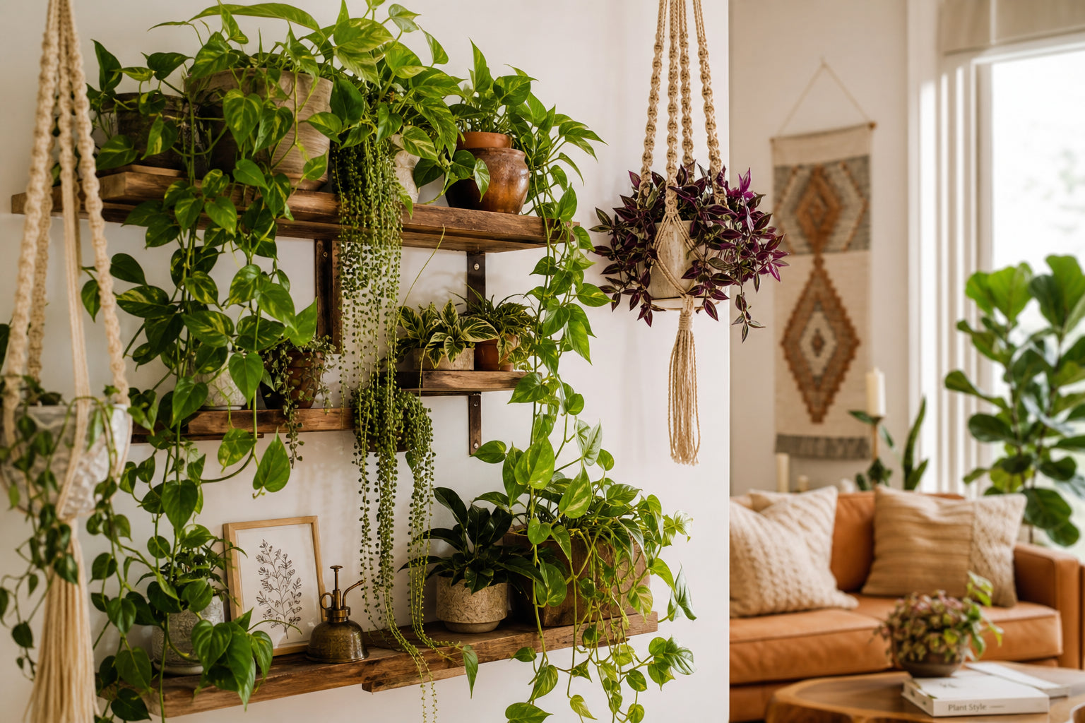 Trailing houseplants cascading from shelves and hanging planters including pothos, string of pearls, and tradescantia