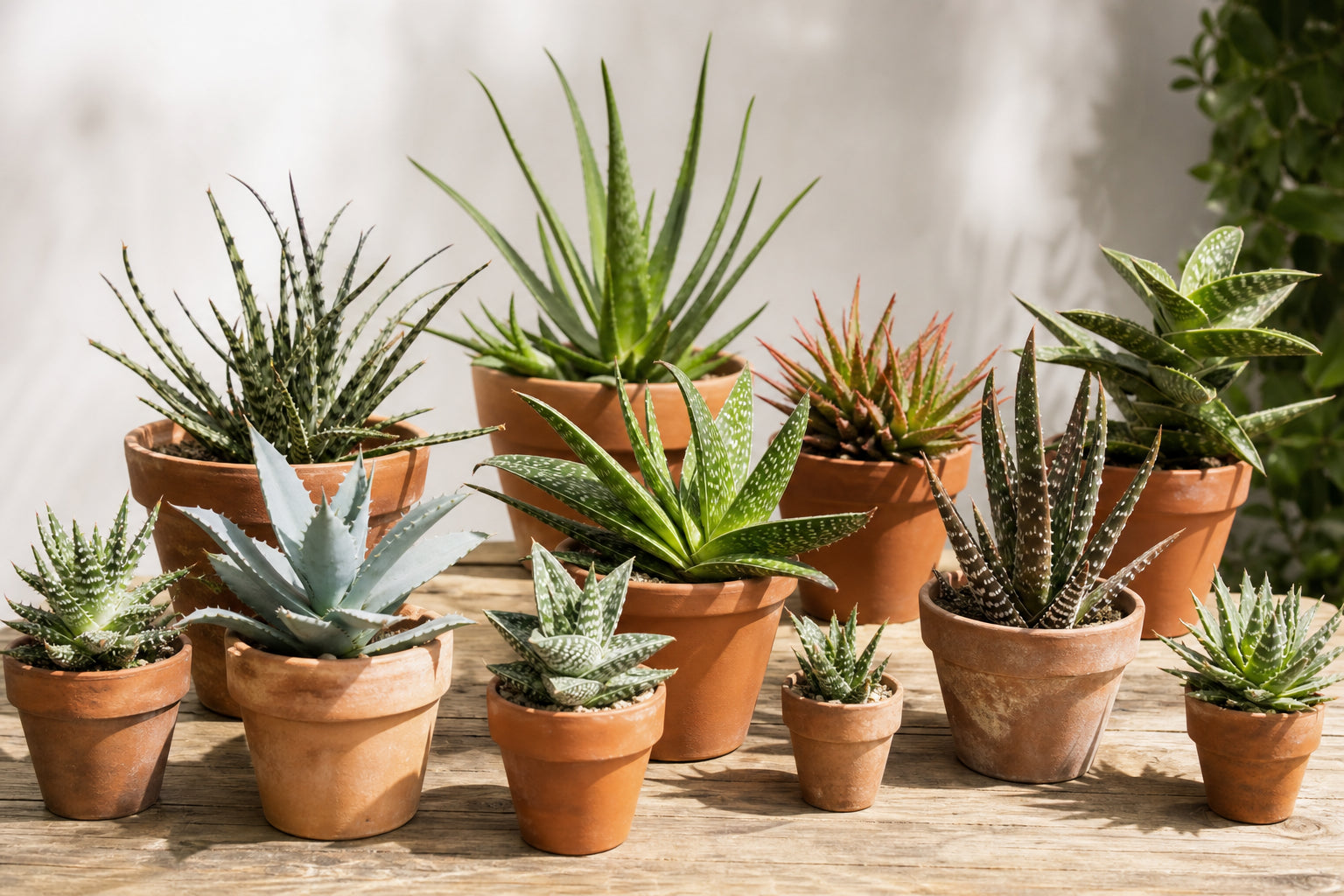 Collection of different aloe plant species in terracotta pots showing varied leaf shapes and markings