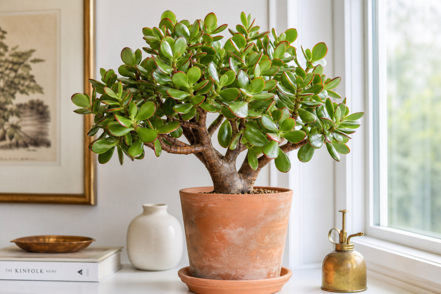 A healthy jade plant (Crassula ovata) in a terracotta pot with thick glossy green leaves edged in red, displayed on a bright windowsill
