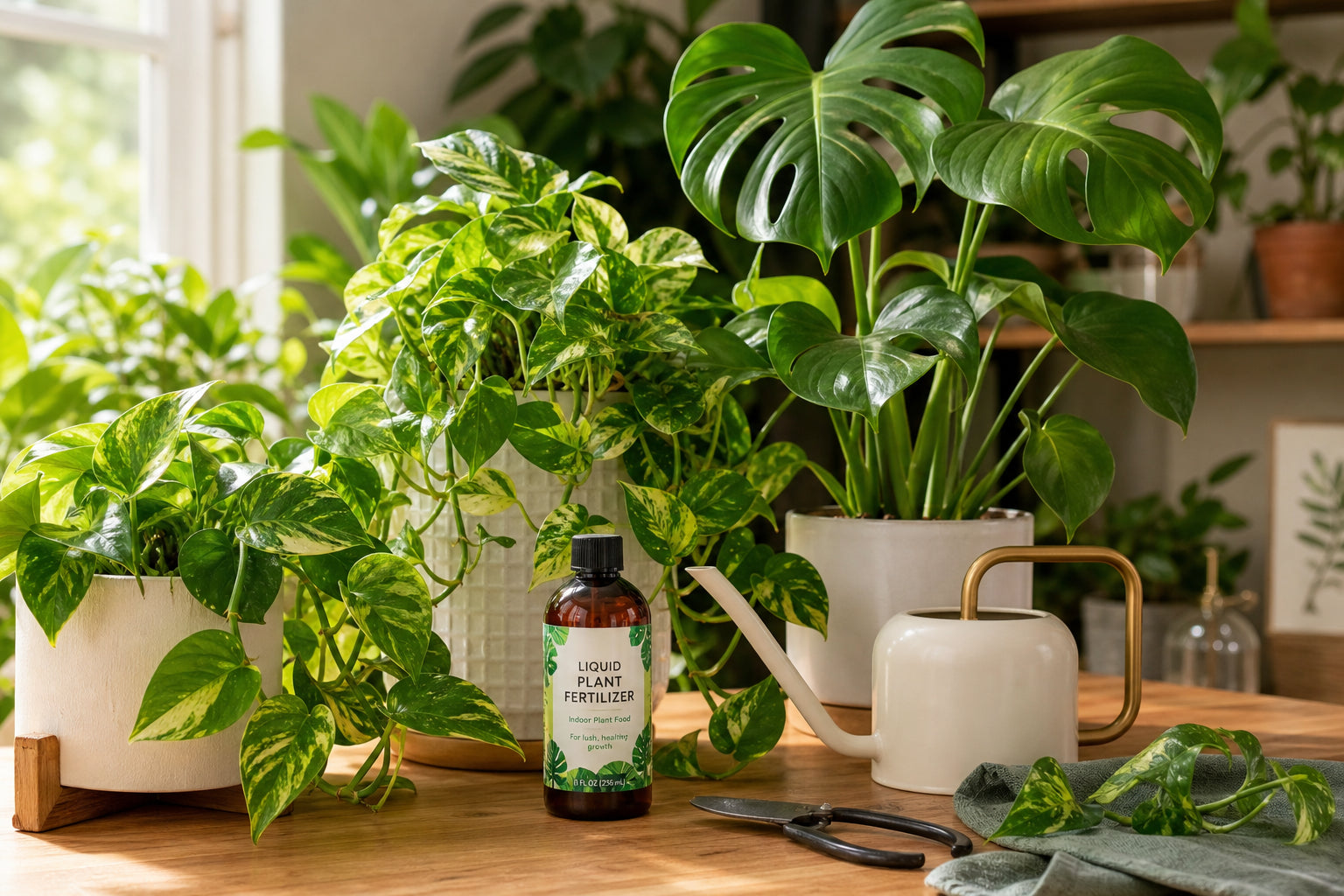 Healthy houseplants with fertilizer and watering supplies — complete indoor plant fertilizer guide