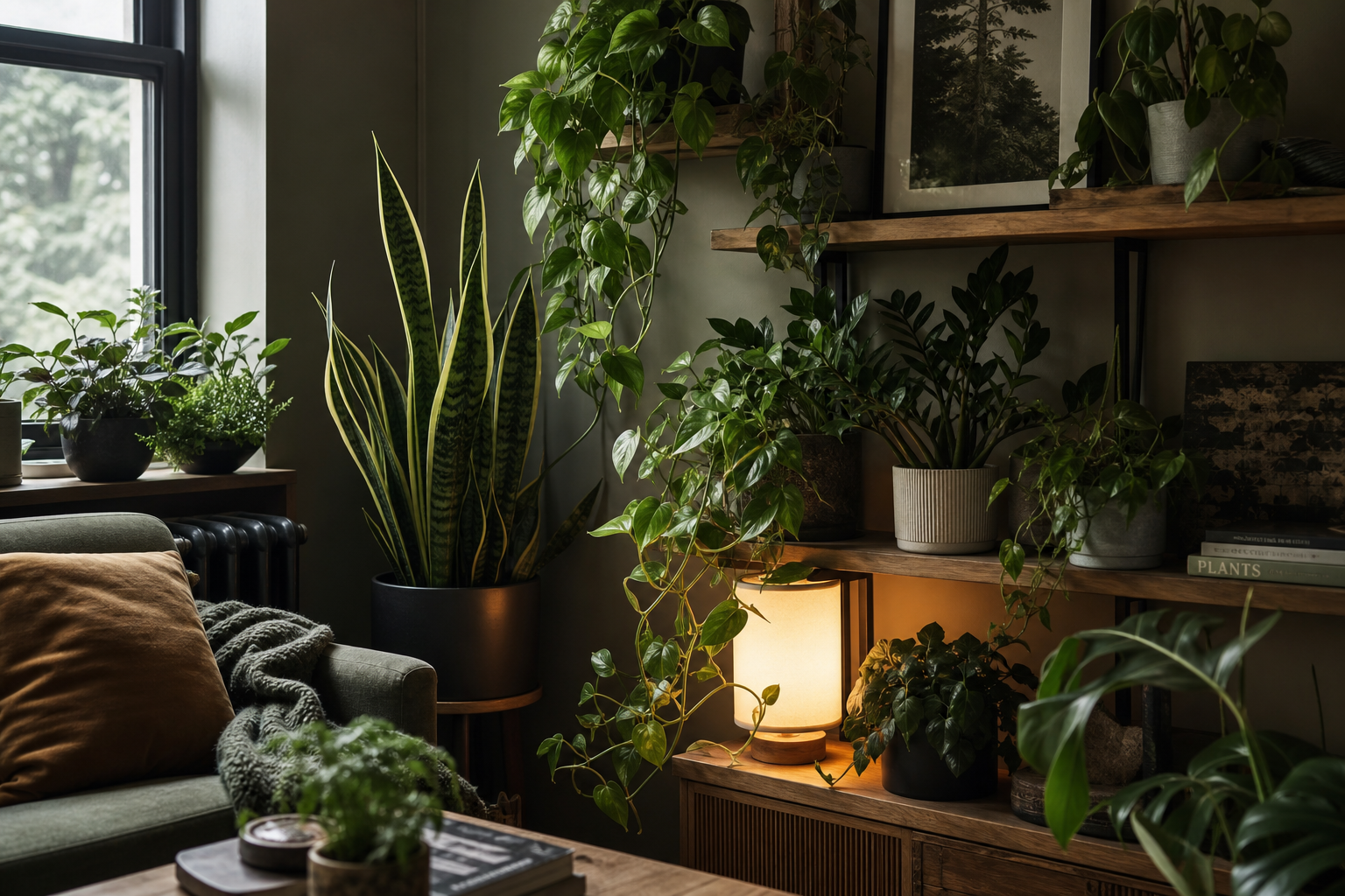 Beautiful low light houseplants including snake plant, pothos, and ZZ plant thriving in a shaded living room corner