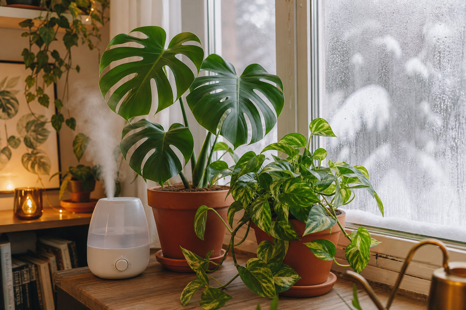 Houseplants on a windowsill in winter with frost outside, including monstera and pothos, botanical lifestyle photography