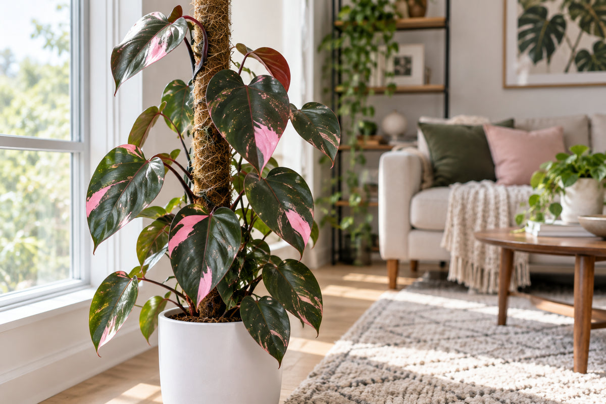 Pink Princess philodendron with dark green and bubblegum pink variegated leaves climbing a moss pole near a bright window