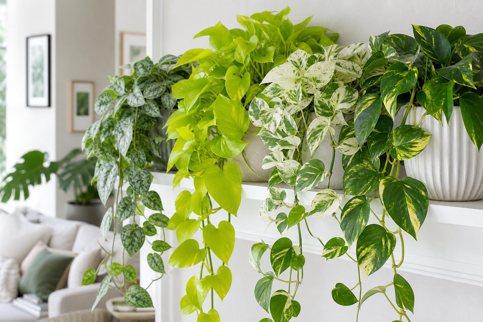Collection of pothos plant varieties including Golden, Marble Queen, Neon, and Satin Pothos trailing from a white shelf in a bright modern living room