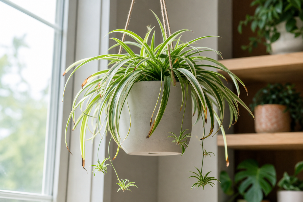 Spider plant in a hanging pot near a window with browning leaf tips and arching green-and-white striped foliage with dangling plantlets