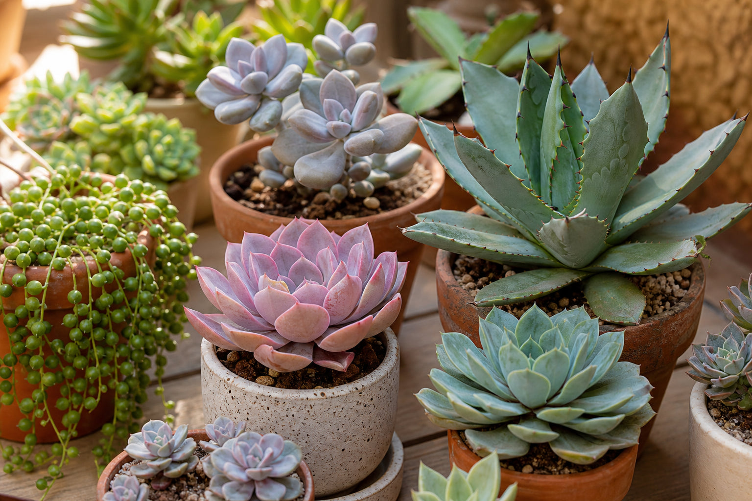 Diverse collection of succulent types including Echeveria rosettes, trailing String of Pearls, silvery Graptopetalum, and architectural Agave arranged on a wooden surface in warm natural light