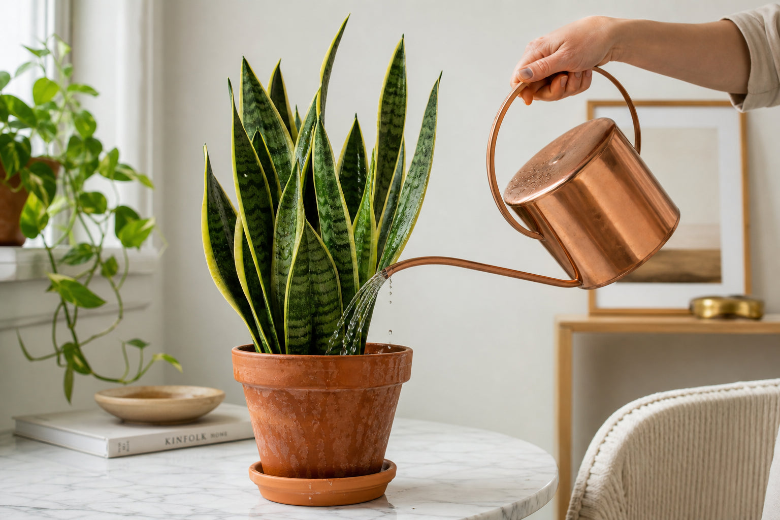 Snake plant in terracotta pot being watered with a copper watering can, bright natural light