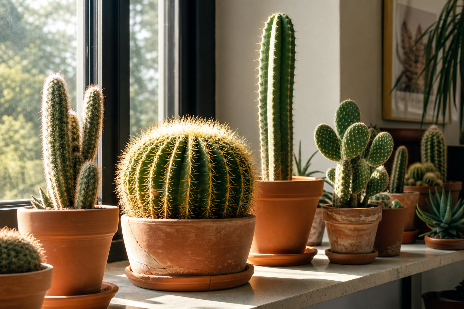 A collection of indoor cacti in terracotta and concrete pots on a sun-drenched south-facing windowsill, including a golden barrel cactus and columnar cereus