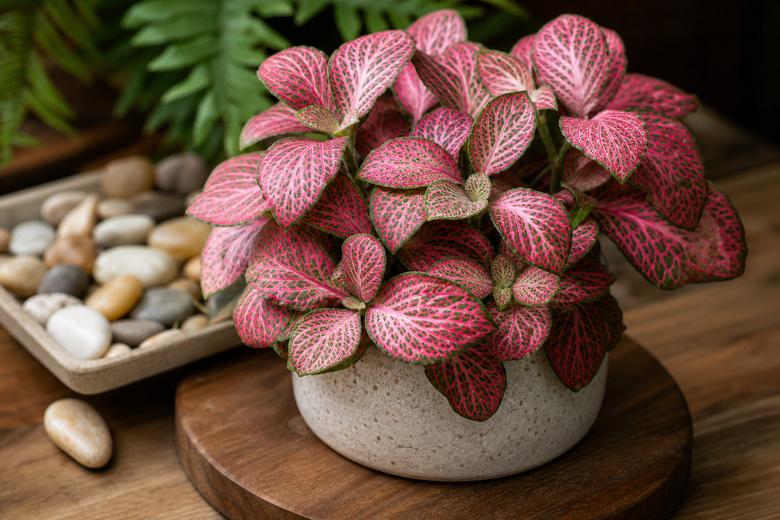 Beautiful Fittonia nerve plant with vivid pink and white veined leaves on a wooden surface, botanical lifestyle photography