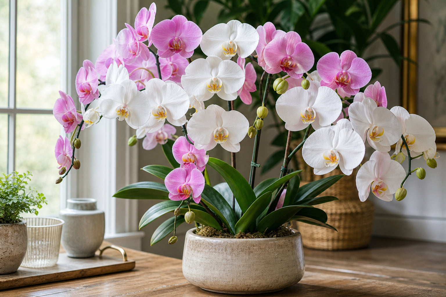 Beautiful Phalaenopsis moth orchid in bloom on a wooden surface with soft natural window light