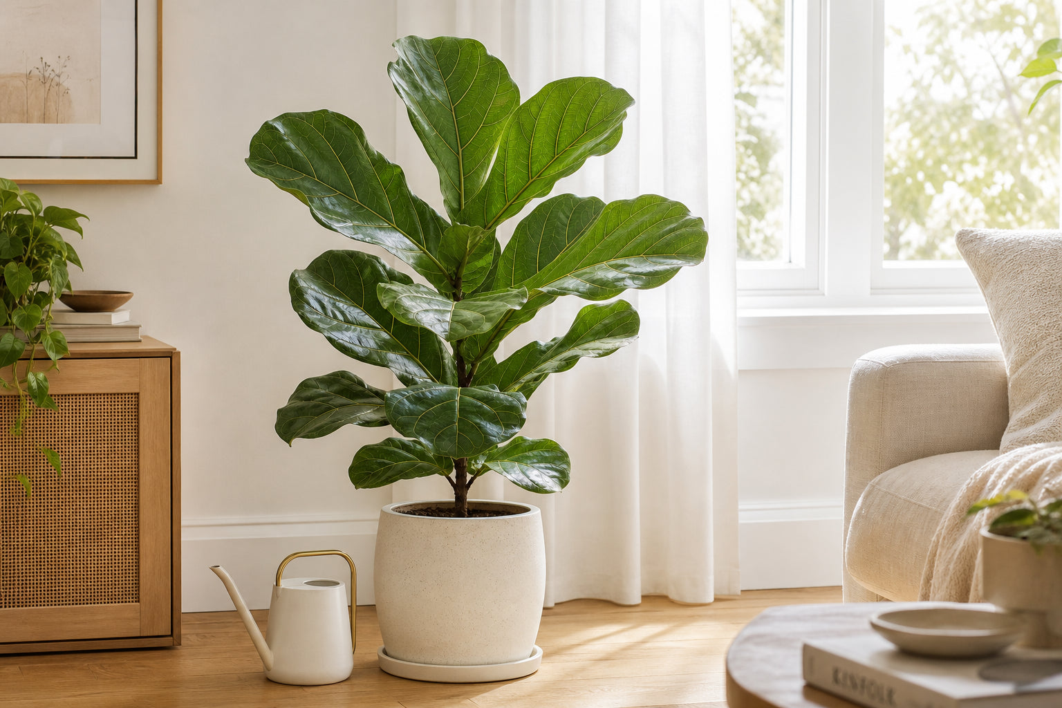 Fiddle leaf fig plant near a bright window with a ceramic watering can — complete watering guide