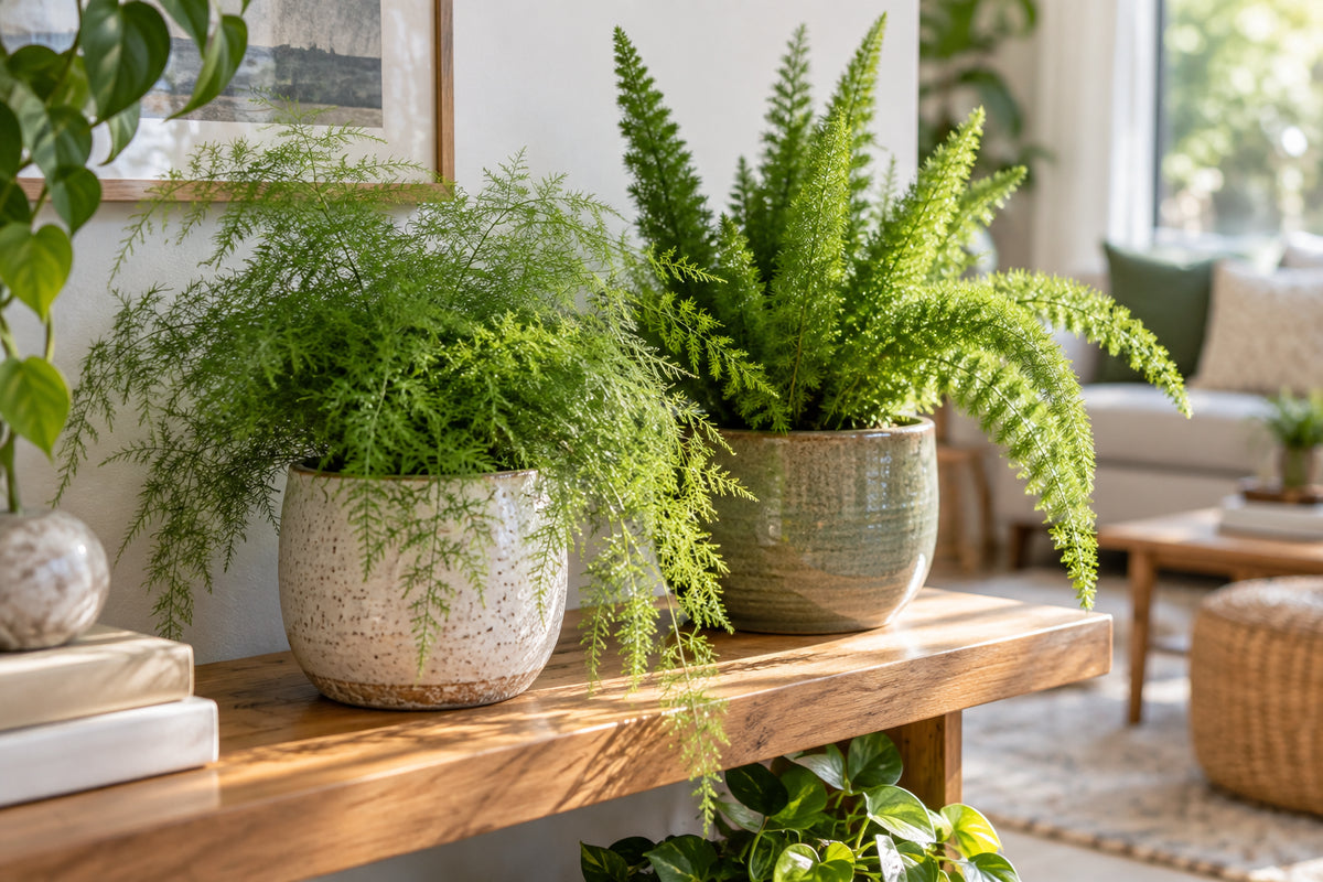 Feathery plumosa asparagus fern and upright foxtail fern in ceramic pots on a sunlit wooden shelf in a modern living room