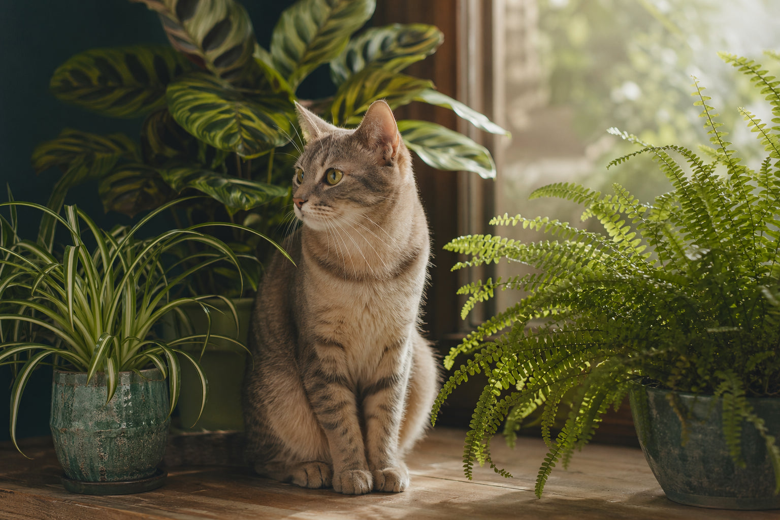 Cat sitting safely next to pet-friendly houseplants including spider plant, calathea, and Boston fern on a sunny windowsill