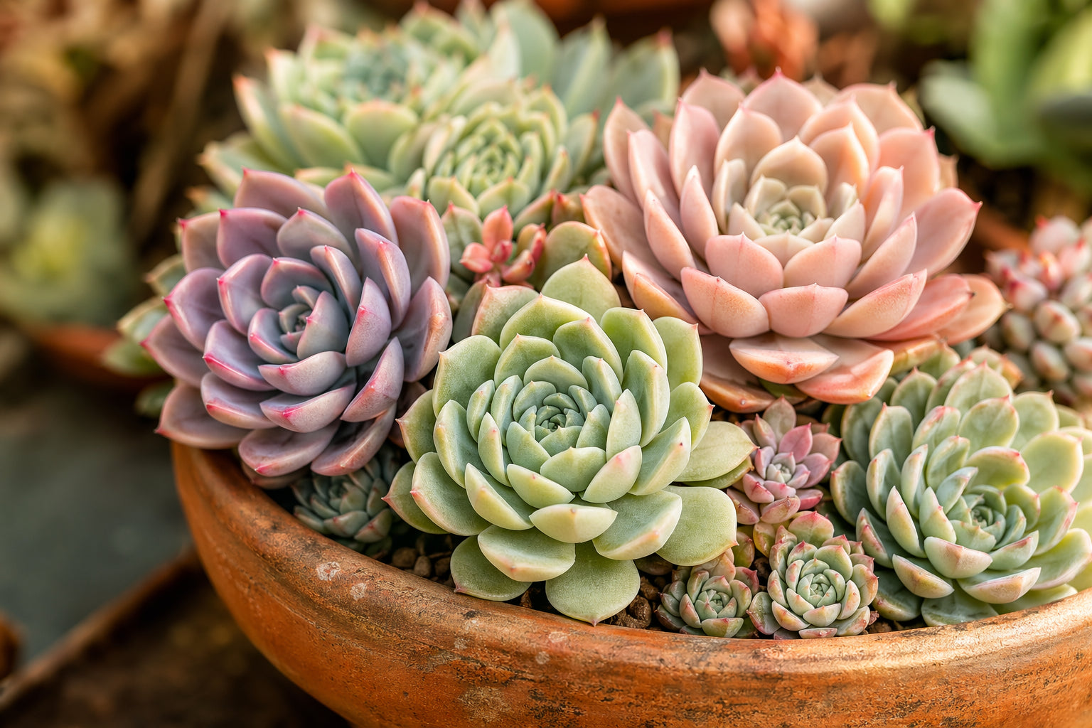 Close-up of colorful succulent echeveria rosettes in pastel pinks, greens, and purples in a terracotta bowl with bright natural light